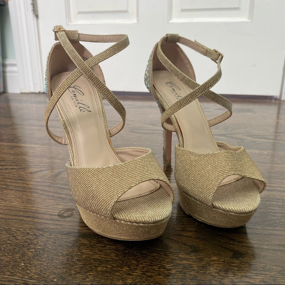 Gold Glitter Open Toe Buckle Iridescent Gem Stiletto Heels